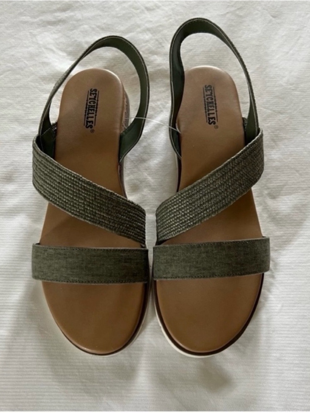 Seychelles Linen Strap Slingback Cork Sandals | Olive Green White Sole Size 10